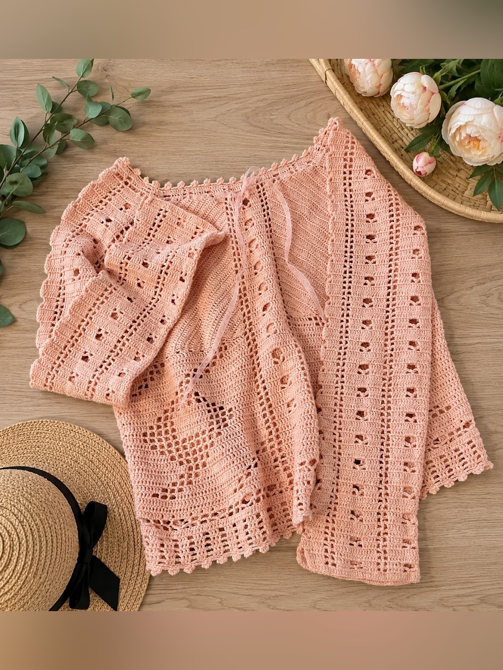 No Boundaries Blush Pink Crochet Knit Boho Sweater Size Medium Cottagecore